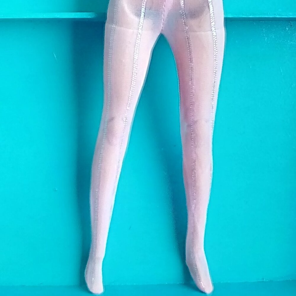 Barbie doll size pink pantyhose with silver stripes